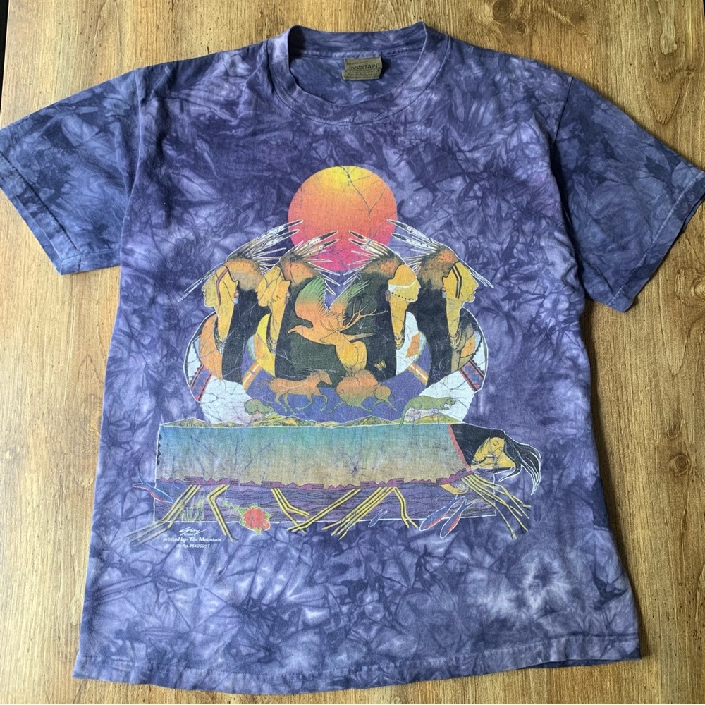Vintage 1996 The Mountain Native American Graphic T-Shirt Purple Tie Dye Large